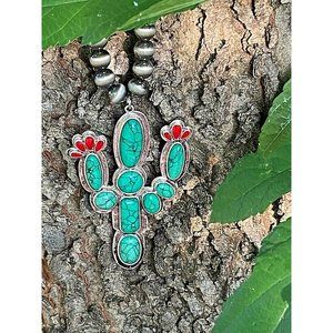 Long western Saguaro Cactus Green Turquoise Flowers Pendant